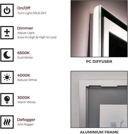 Fab Glass and Mirror Anti-Fog Dimmable Backlit and Front lit LED Bathroom Wall Mirror with Memory Function Rectangular Frameless LED Mirror 30L X 20W Clear