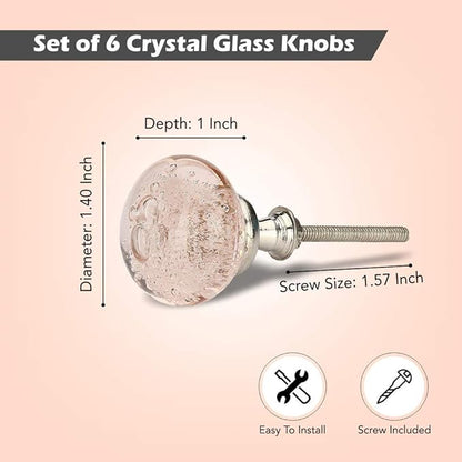 Perilla Home Set of 6 Knobs - Decorative Pink Crystal Knobs - Premium Glass Knobs for Cabinet, Drawers, Dresser, Home Decore Kitchen, Hardware Cupboard Glass Door Wardrobe and Drawer Pulls Handles