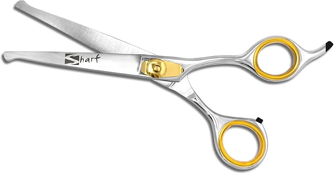 Sharf Dog Grooming Scissors, Gold Touch 6.5 Inch Curved Sharp Professional Pet Grooming Shear with Safety Round Tip, Ball Point for Safe and Easy Use Even for Nose, Ear and Face-Mewly Pet
