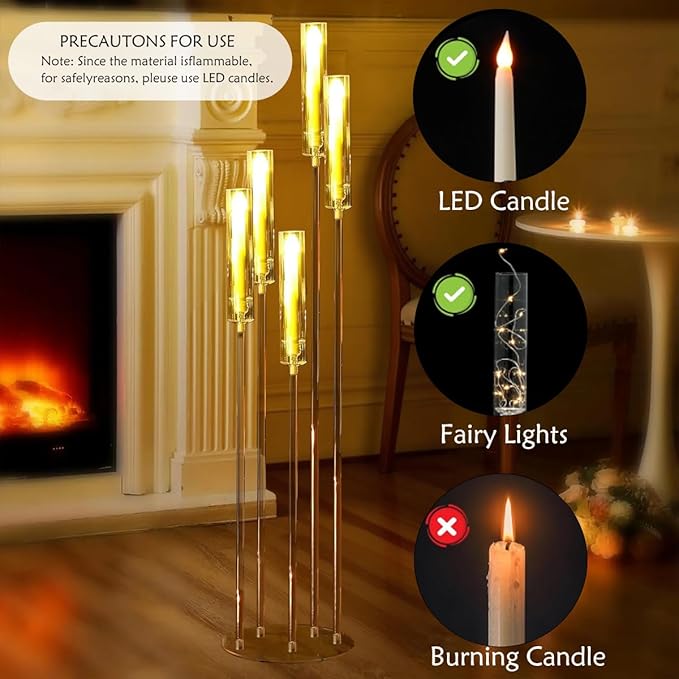 5 Arm Floor Candelabra,Acrylic Floor Candle Holder for Wedding Centerpiece Tall Clear Candle Holders for Ceremony Birthday Party Home Decoration Fit 0.8 LED Candles