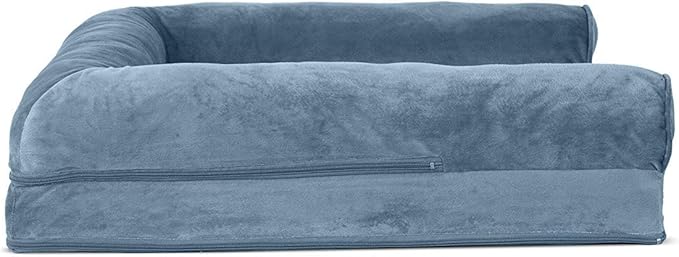 Furhaven Cooling Gel Dog Bed for Large/Medium Dogs w/ Removable Bolsters & Washable Cover, For Dogs Up to 55 lbs - Faux Fur & Velvet Sofa - Harbor Blue, Large-Mewly Pet