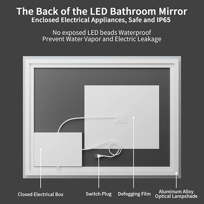 Koonmi 26x38 LED Bathroom Mirror, Backlit + Front Lit, LED Bathroom Mirror with Lights for Wall, 3 Colors, Anti-Fog, Dimmable Brightness, Memory Function, Tempered Glass