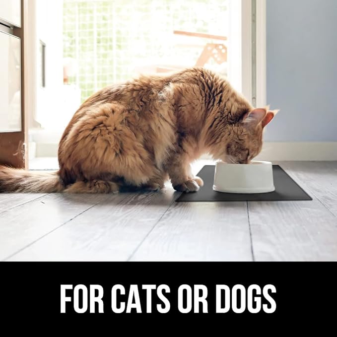 GORILLA GRIP 100% Waterproof Raised Edge BPA Free Silicone Pet Feeding Mat, Dog Cat Food Mats Contain Spills Protects Floors, Placemats for Cats and Dogs Water Bowl, Pets Accessories 16x10, Charcoal-Mewly Pet