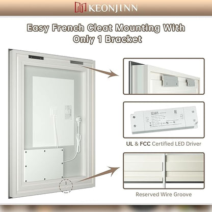 Keonjinn LED Bathroom Mirror 24" x 32" with Frontlit and Backlit, Stepless 3 Colors Temperature & Dimmable Vanity Mirror with Light, Double LED Strips, Tempered Glass Wall Mirror, UL Listed LED Driver