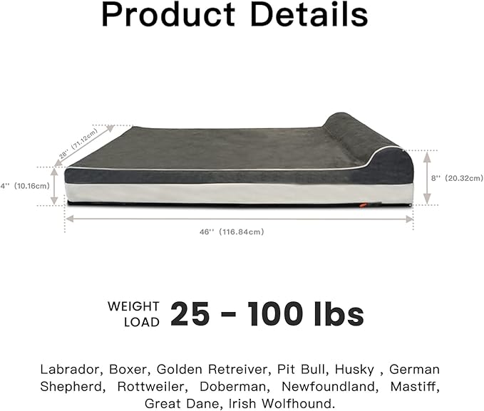 Laifug Orthopedic Memory Foam Extra Large Dog Bed with Pillow and Durable Water Proof Liner & Removable Washable Cover & Smart Design (Large (46"x28"x8"), Grey)-Mewly Pet