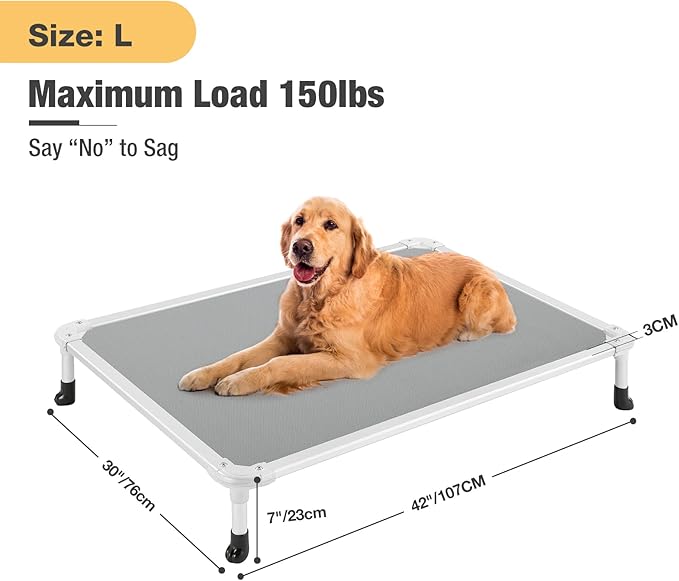 Veehoo Chew Proof Elevated Dog Bed - Cooling Raised Pet Cot - Silver Aluminum Frame and Durable Textilene Mesh Fabric, Unique Designed No-Slip Feet for Indoor or Outdoor Use, Grey, Large, CWC2003-Mewly Pet