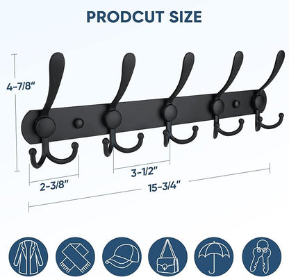 TICONN Wall Mounted Coat Rack, Five Heavy Duty Tri Hooks All Metal Construction for Jacket Coat Hat in Mudroom Entryway (Matte Black, 2-Pack)