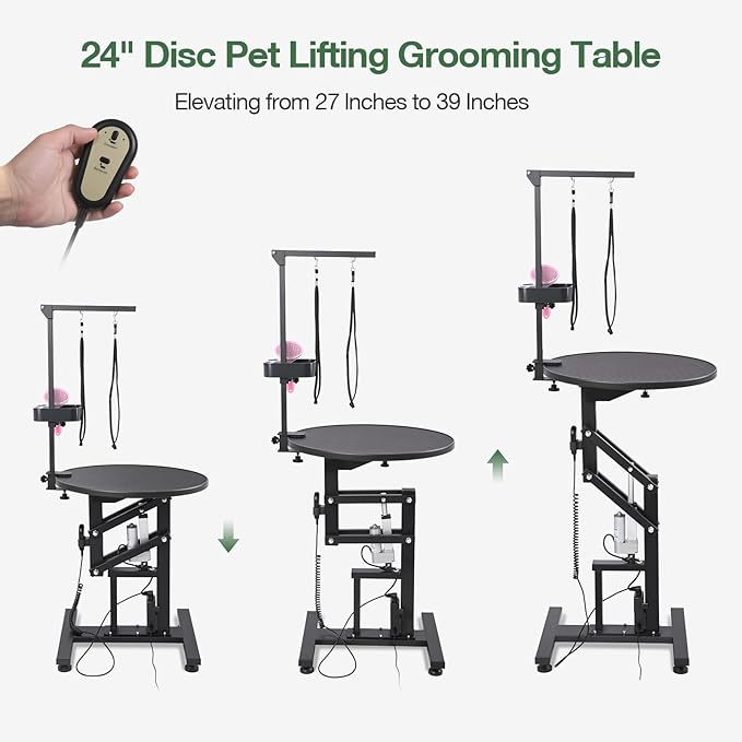 Electric Hydraulic Lift Pet Dog Grooming Table, 24Inch 360° Rotating Grooming Desktop for Small Dogs, with Overhead Arm, Wireless Remote, Tool Organizer, Black-Mewly Pet