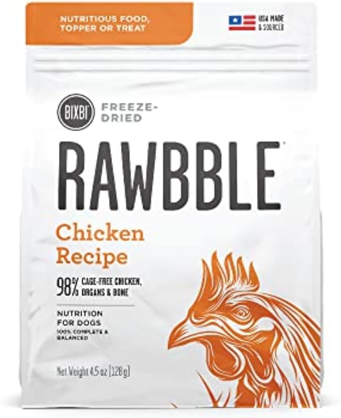 BIXBI Rawbble Freeze Dried Dog Food, Chicken Recipe, 4.5 oz - 98% Meat and Organs, No Fillers - Pantry-Friendly Raw Dog Food for Meal, Treat or Food Topper - USA Made in Small Batches-Mewly Pet