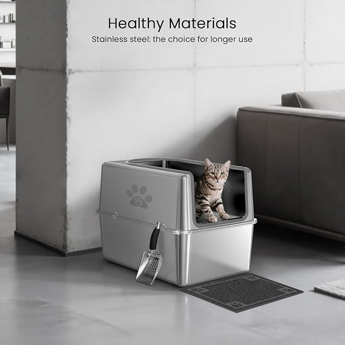 Enclosed Stainless Steel Cat Litter Box with Lid, XL Metal Litter Box for Big Cats, Extra Large Cat Toilet with High Side, Non-Stick, Anti-Leakage, Odorless, with Cats Litter Mat & Litter Scoop-Mewly Pet