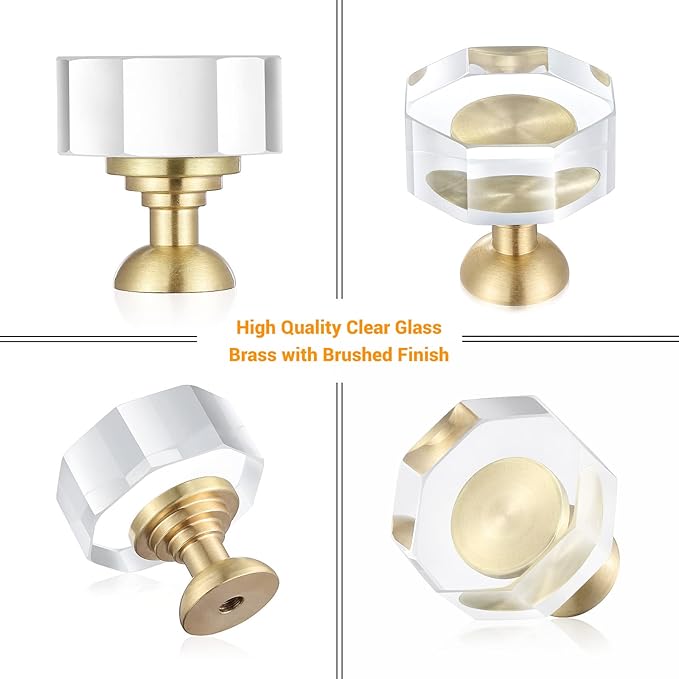6-Pack 1-1/4-Inch Gold knob Dresser knobs White Cabinet Glass Crystal knobs Brass Drawer Polygonal Dresser Pulls, Drawer pulls