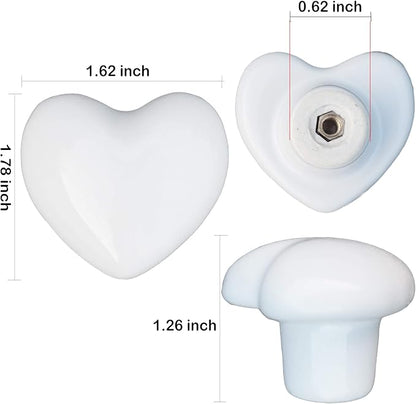 Ceramic Drawer Knobs Heart Shape Cabinet Dresser Pulls Handles with 3 Sized Screws, Kitchen Furniture Knobs for Closet Cupboard Wardrobe (6 Pack, White)