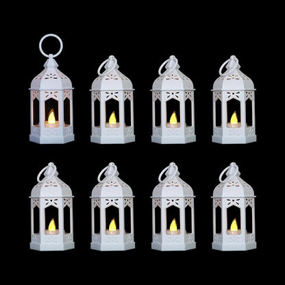 LLQ 8 Pcs Mini Lantern Decor Moroccan Lantern with Flickering LED Candle Table Centerpiece Small Vintage Wedding Hanging Lamp Ornaments Bulk for Wedding Halloween Christmas Party (5 Inch,White)