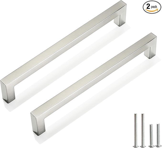 Cabinet Pulls Brushed Nickel Cabinet Handles Square Drawer Pulls, 2 Pack 7-1/2 Inch Stainless Steel Kitchen Door Cupboard Cabinet Handles, Cabinet Hardware Drawer Handles, 192mm Hole Centers