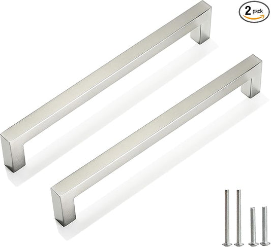 Cabinet Pulls Brushed Nickel Cabinet Handles Square Drawer Pulls, 2 Pack 7-1/2 Inch Stainless Steel Kitchen Door Cupboard Cabinet Handles, Cabinet Hardware Drawer Handles, 192mm Hole Centers