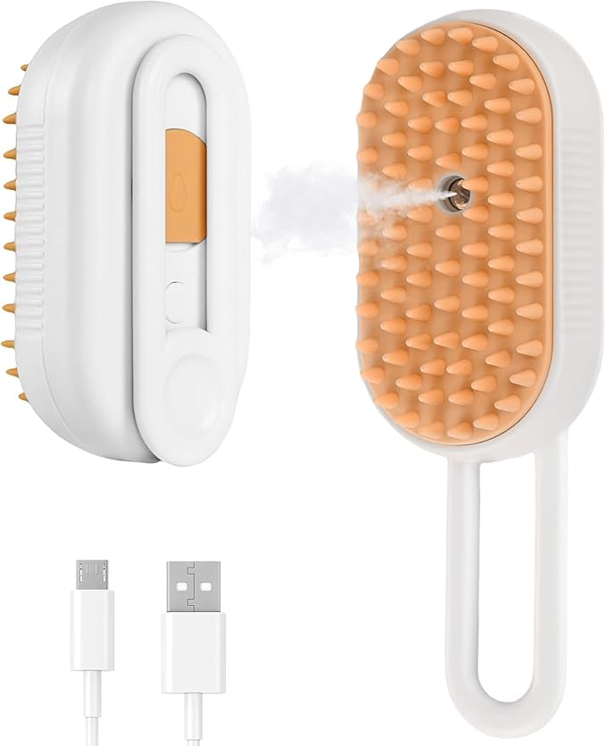 Generic Cat Steam Brush,Rechargeable with Handle,Self-Cleaning Grooming Tool,for Cats and Dogs,4 In1 Cat Steamy Brush, Multifunctional Hair Comb for Removing Tangled and Loose Hair (white)-Mewly Pet