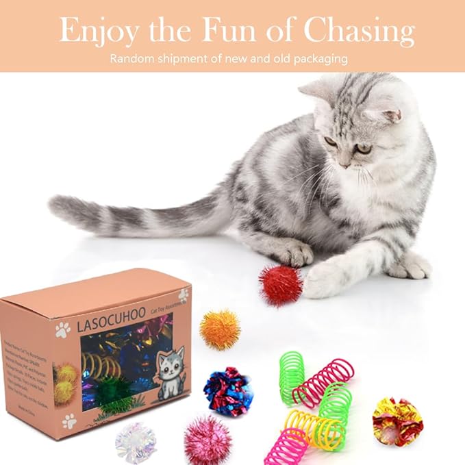 LASOCUHOO Cat Toys, 30 Packs Interactive Cat Toy Pack Including Cat Crinkle Balls, Cat Sparkle Balls, Spiral Springs for Most Cats-Mewly Pet