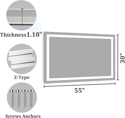 Koonmi 30x55 LED Bathroom Mirror, Backlit + Front Lit, LED Bathroom Mirror with Lights for Wall, 3 Colors, Anti-Fog, Dimmable Brightness, Tempered Glass
