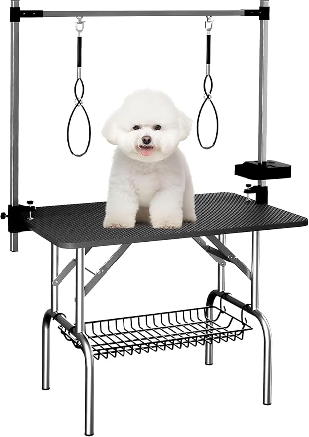 VFK 36" Dog Grooming Table,Foldable Pet Grooming Table for Dogs at Home Black Stainless Steel Bath Grooming Station with Adjustable Arm,Nooses, Mesh Tray,Tool Organizer-Mewly Pet