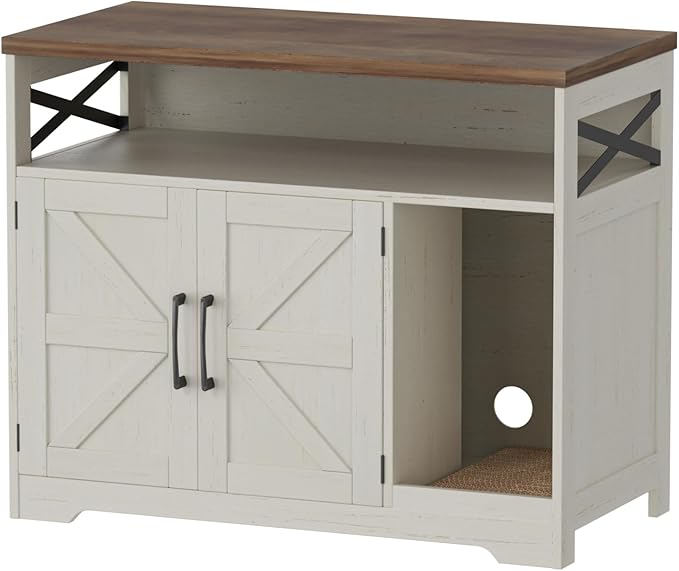 Cat Litter Box Enclosure, Hidden Litter Box Furniture with Scratch Pad, Farmhouse Indoor Cat House Washroom End Table, White-Mewly Pet