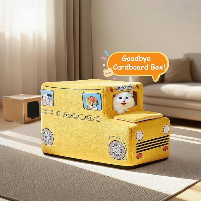 Cute Cat Beds Kitten Beds, Soft Small Dog Beds, Washable Pet Beds for Puppy and Kitty, Funny School Bus Cat Cave, 23 Inches-Mewly Pet