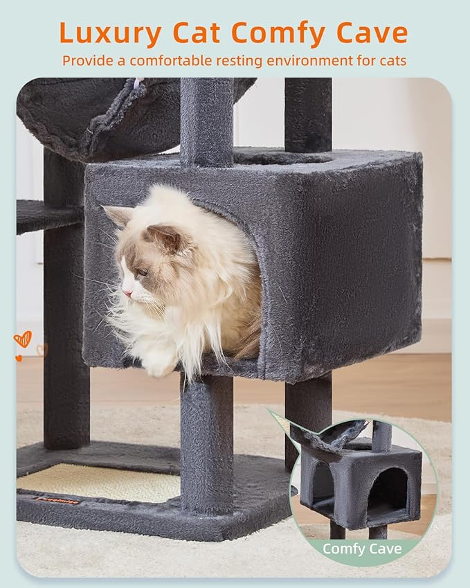 Taoqimiao Cat Tree, 68-Inch Cat Tree Cat Tower for Indoor Cats, Plush Multi-Level Cat Condo with 6 Scratching Posts, 2 Perches, 2 Caves,Hammock, 3 Pompoms,MS020SG Smoky Gray-Mewly Pet