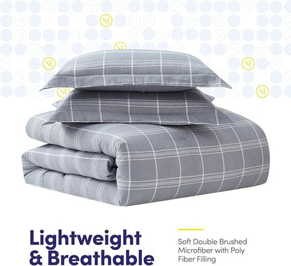 7 Piece Comforter Set Bag Solid Color All Season Soft Down Alternative Blanket & Luxurious Microfiber Bed Sheets, King, Gray Plaid