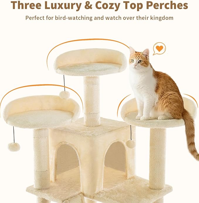 Made4Pets Tall Cat Tree, 80" Cat Tree Tower for Indoor Cats Large Adult, Modern Cat Tower with Scratching Post, Cozy Hammock, 3 Perches and 2 Condos, Sturdy and Fluffy, Beige-Mewly Pet