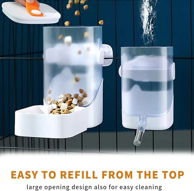 34oz Automatic Rabbit Feeder for Cages, Hanging Auto Bunny Food Bowl Dispenser Small Aniaml Cage Accessories for Ferret Guinea Pig Rat Rabbit Cat Puppy (White)-Mewly Pet