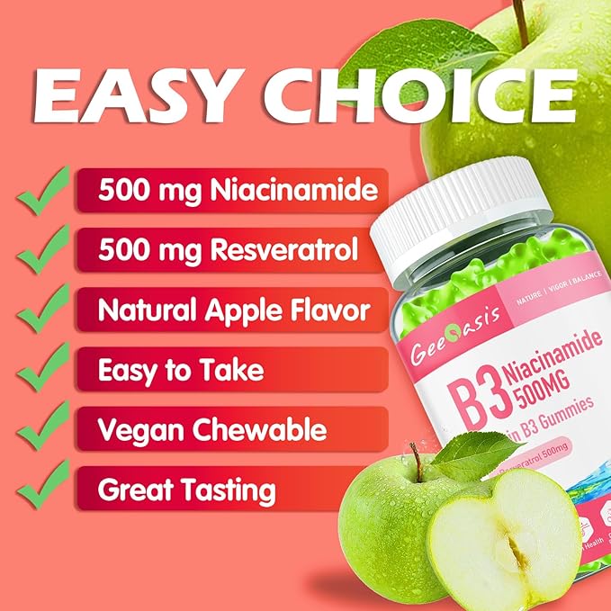 Niacinamide 500mg Gummies, Chewable Vitamin B3 Supplement with Resveratrol 500mg, High Potency Niacin for Antioxidant, Skin & Brain Health, Immune Support, Vegan Apple Flavor, 60 Count-Mewly Pet