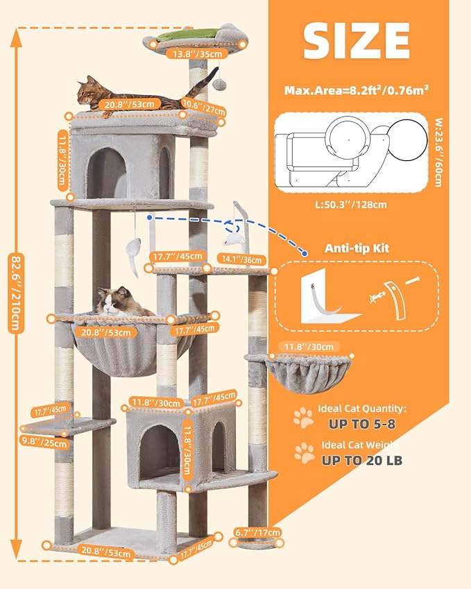 Taoqimiao 83In Heavy Duty Cat Tree, Suitable 20lb+ Large Cats, XXL-Cat Tower for Indoor Cats Large Adult, 2 Luxurious Cat Cando with 8 Scratching Posts,Oversized Metal Hammocks, Light Gray MS032W-Mewly Pet