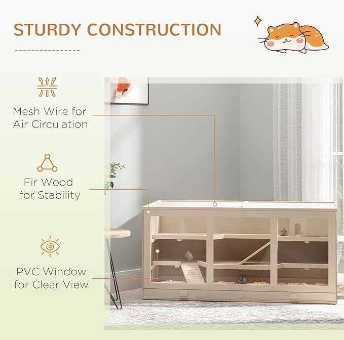 PawHut 45" Extra Large Wooden Hamster Cage, 3-Layer Chewproof Rat Cage with Opening Roof, Hut, Ramps, for Gerbil, Dwarf & Syrian Hamsters, Natural-Mewly Pet