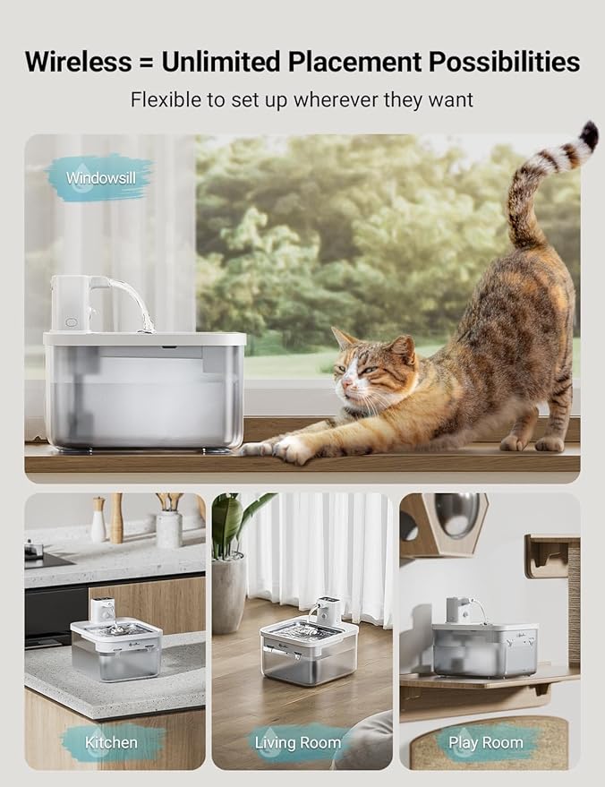 DownyPaws Battery Operated Cat Water Fountain Stainless Steel, 84oz/2.5L Fursink Wireless Pet Water Fountain for Cats Inside, Automatic Dog Water Dispenser with Faucet, Quiet Pump, BPA-Free, White-Mewly Pet