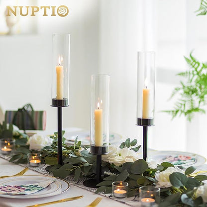 NUPTIO Hurricane Candle Holders Bulk: 18 Pcs Black Tapered Candlesticks Holder with Crystal Glass Cylinder Sleeves Metal Taper Candle Stick Holder for Christmas Thanksgiving Party Event Centerpieces