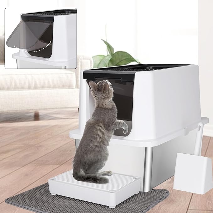 RIZZARI Stainless Steel Cat Litter Box, Odorless Enclosed Litter Box with Top Holes, Large Litter Pan for Small to Large Sized Cats (Black, 24" L*16" W*18" H)-Mewly Pet