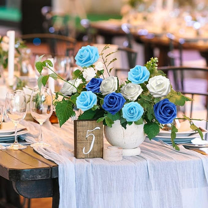 JOYLEX Artificial Flowers Realistic Roses, 50pcs Real Looking Fake Roses with Stem for DIY Wedding Bouquets Centerpieces Bridal Shower Party Home Romantic Decorations (50pcs, Shades of Blue)