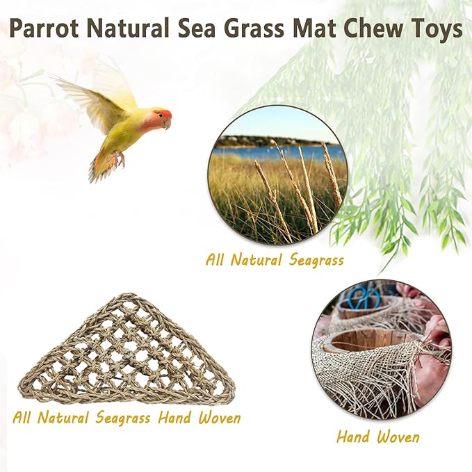BNOSDM Bird Seagrass Mat, 3 PCS 7.1 x 7.1 Inches Parrot Natural Seagrass Woven Bird Net Hammock Mats Chew Toys Bird Hideout Cage Accessories for Lovebird Cockatiel Conure Budgie Hamster Rats-Mewly Pet