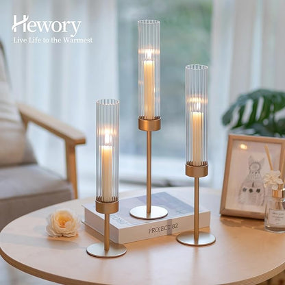Hewory Gold Hurricane Candle Holders: Brass Candlestick Holders Set of 3 Tall Taper Candle Holders for Candlesticks Candle Sticks Holder Decor for Table Centerpiece Wedding Party Christmas Decorations