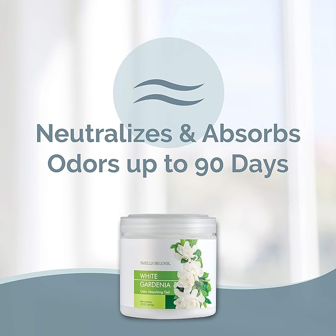 SMELLS BEGONE Air Freshener Odor Absorber Gel - 15 oz, Pack of 2 - Absorbs and Eliminates Odor in Pet Areas, Bathrooms, Cars, & Boats - Made with Essential Oils - White Gardenia Scent-Mewly Pet