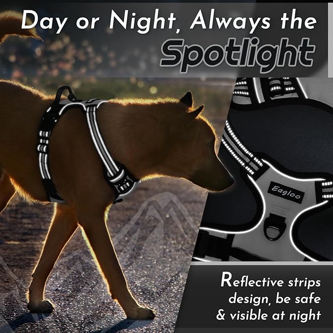 Eagloo Dog Harness Medium Sized Dog, No Pull Service Vest with Reflective Strips and Control Handle, Adjustable and Comfortable for Easy Walking, No Choke Pet Harness with 2 Metal Rings, Grey, M-Mewly Pet