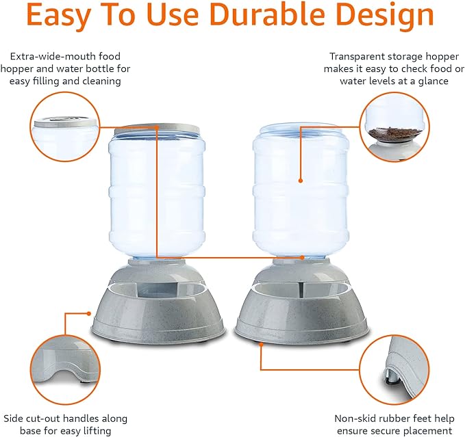 Amazon Basics Automatic Dog Cat Water Dispenser Gravity Feeder and Waterer Set, Large, 12-Pound Food Capacity, 2.5-Gallon, Gray-Mewly Pet