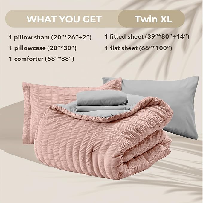 HYMOKEGE Rose Gold/Light Grey Twin XL Comforter Set Seersucker 5 Pieces, All Season Luxury Bed in a Bag for Bedroom, Bedding Set with Comforter, Sheets, Pillowcase & Sham