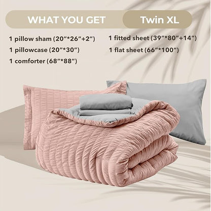 HYMOKEGE Rose Gold/Light Grey Twin XL Comforter Set Seersucker 5 Pieces, All Season Luxury Bed in a Bag for Bedroom, Bedding Set with Comforter, Sheets, Pillowcase & Sham