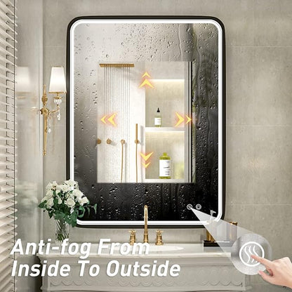 36x28 Inch LED Bathroom Mirror with Light,Black Metal Frame Lighted Vanity Mirror, Anti Fog Design&Dimmable&Touch Switch,Large Wall Mounted Makeup Mirror (Horizontal/Vertical)