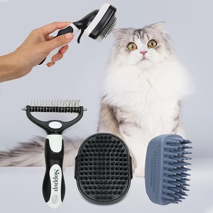 Dog Brush Kit for Grooming Short & Long Haired Dogs & Cats, 4-in-1 Pet Grooming Set with Self-Cleaning Slicker Brush, Deshedding Tool, Shampoo Bath Comb, Massge Comb (White Black)-Mewly Pet