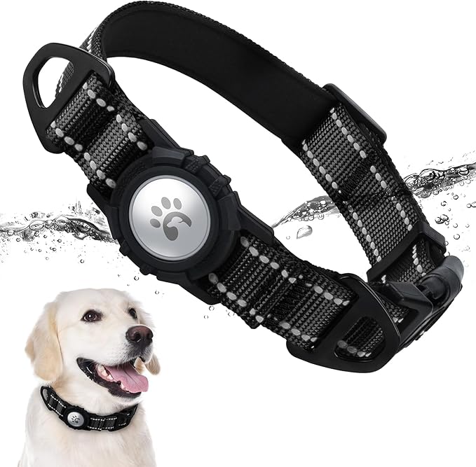 TagME Airtag Dog Collar,Waterproof Reflective Pet Collar with Airtag Holder,Soft Padded and Double D-Rings for Extra Large Dogs,Black-Mewly Pet