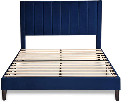 Allewie Queen Platform Bed Frame/Velvet Upholstered Bed Frame with Vertical Channel Tufted Headboard/Strong Wooden Slats/Mattress Foundation/Box Spring Optional/Easy Assembly/Navy Blue