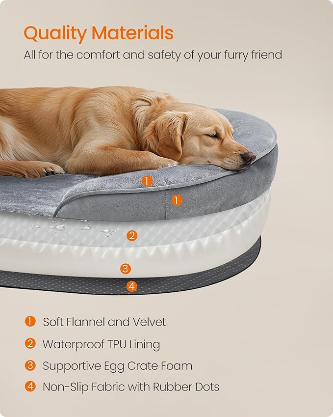 Feandrea Dog Bed, Large Orthopaedic Dog Sofa Bed, 42 x 30 x 7 Inches, Egg Crate Foam, Waterproof Liner, Raised Edges, Removable and Machine Washable Cover, Non-Slip, Light Gray UPGW283G01-Mewly Pet