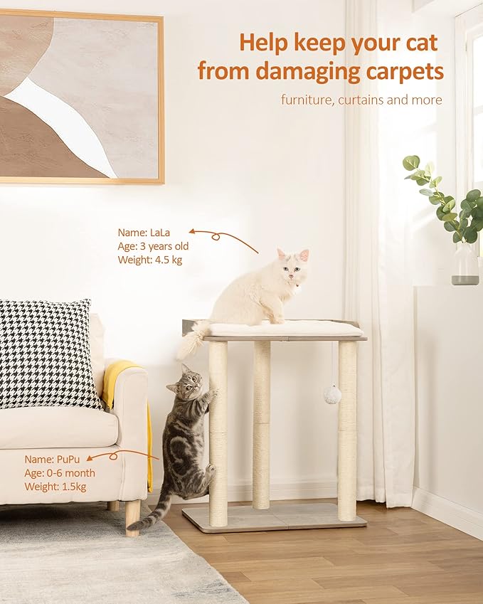 FourFurPets 26.7in Large Cat Tree Tower Condo, Cat Scratch Posts for Indoor Cats, Big Plate, Three 23.6in Full Sisal Scratching Posts, Greige-Mewly Pet