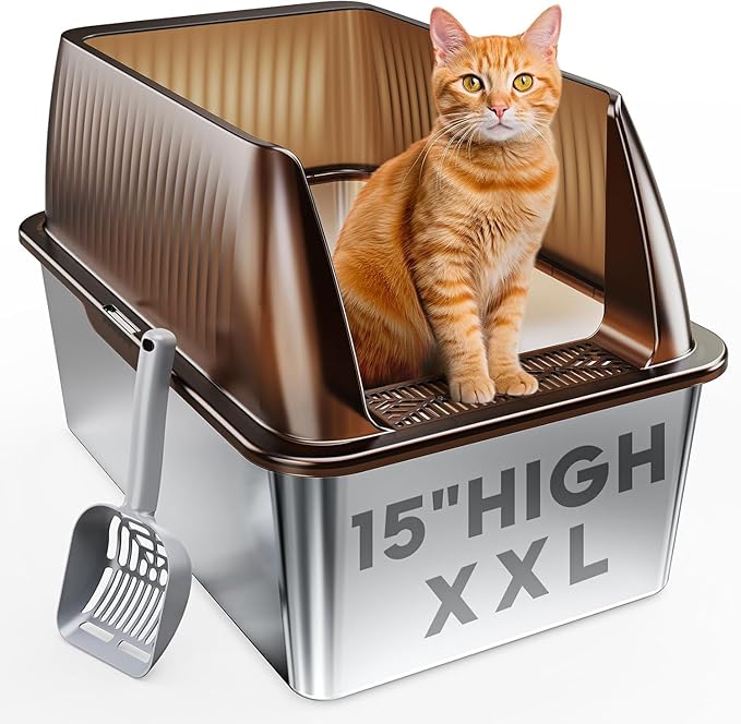 Tripamin 15” XL Stainless Steel Cat Litter Box Enclosure, XXL Stainless Steel High Sides with Lid, Extra Large Metal Cat Litter Box (Translucent Brown, XX-Large)-Mewly Pet